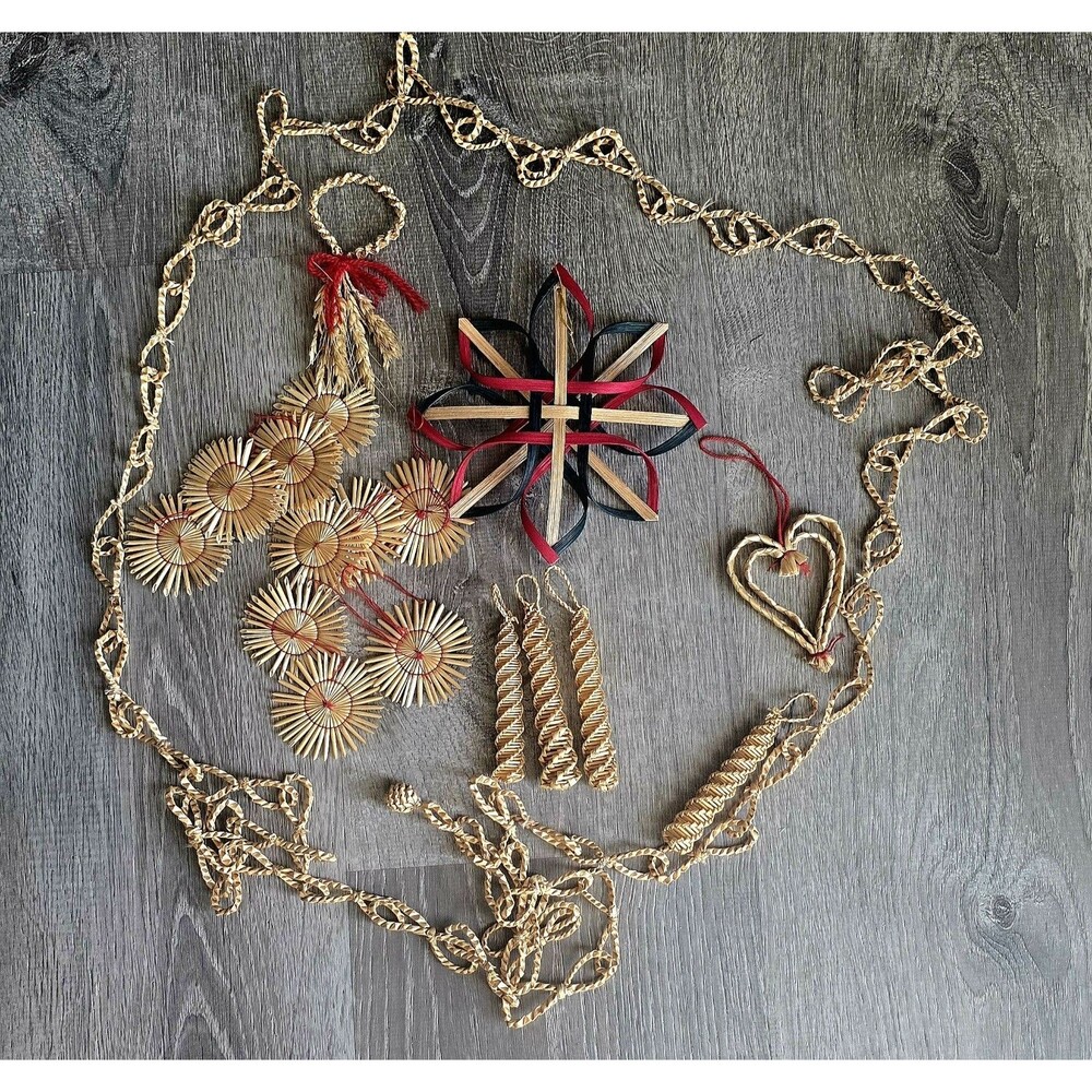 13 Scandinavian Folk Art Swedish Straw Christmas Ornaments & 9ft Garland Chain